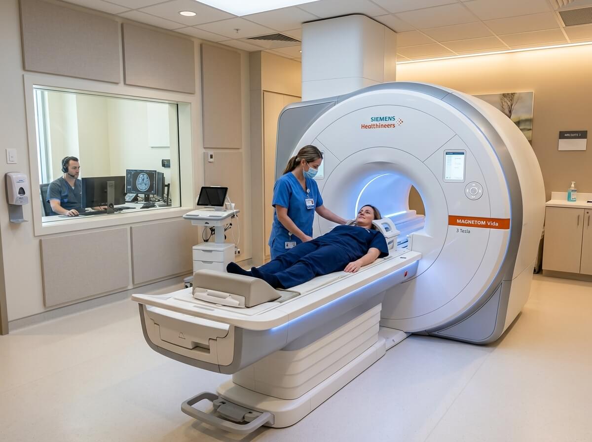 Radiographer positioning a patient on the motorized table of a 3 Tesla MRI scanner in a diagnostic imaging suite.