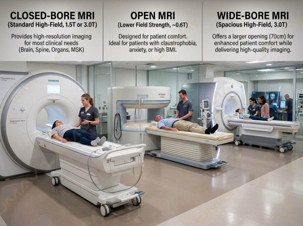 Infographic comparing Closed-Bore, Open MRI, and Wide-Bore MRI scanner types and field strengths.