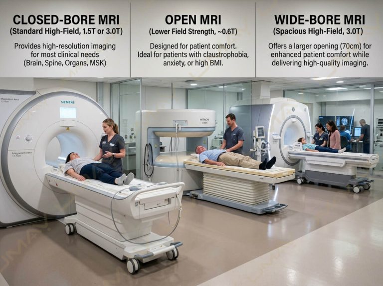 Infographic comparing Closed-Bore, Open MRI, and Wide-Bore MRI scanner types and field strengths.