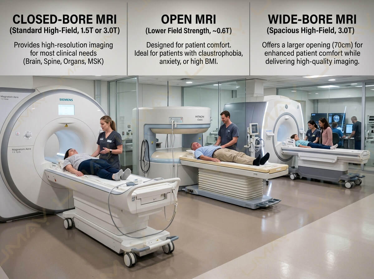 Infographic comparing Closed-Bore, Open MRI, and Wide-Bore MRI scanner types and field strengths.