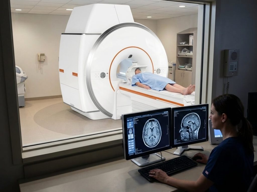 Female radiologist operating dual-monitor MRI workstation displaying brain scans with patient inside the MRI scanner room.