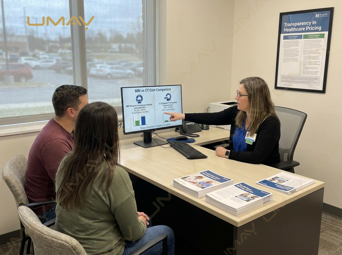 Medical administrator presenting an MRI vs CT cost comparison chart on a monitor to hospital clients.
