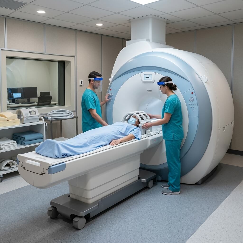 Two technicians fitting head coil on patient inside MRI suite.