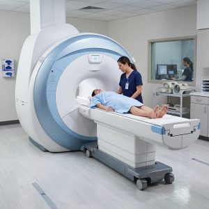 Radiographer Preparing Patient for MRI Scan