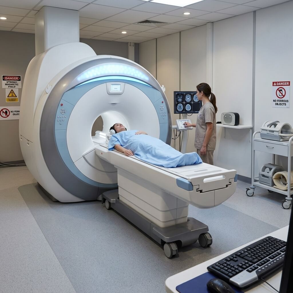 Patient inside MRI scanner bore with technologist at control terminal.