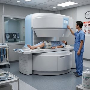 Technician Operating Open MRI Machine