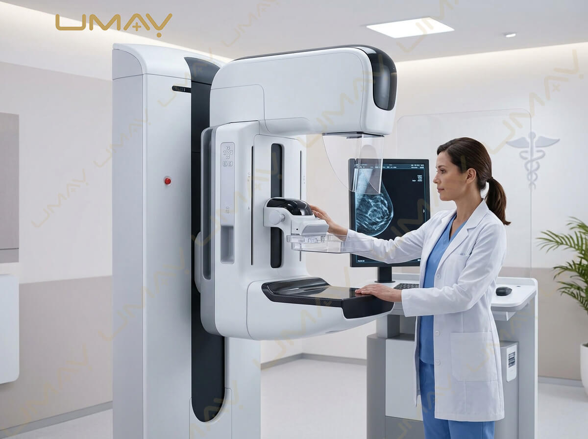 Female doctor operating a modern digital mammography machine in a radiology clinic.