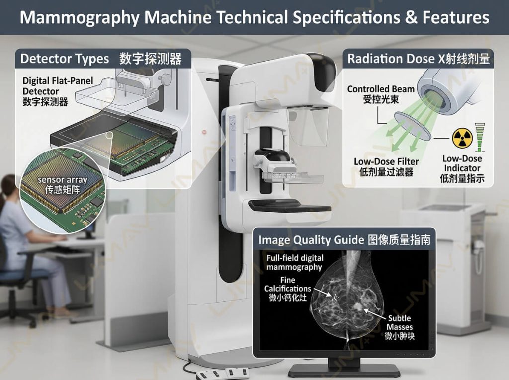 Technical specifications diagram of a digital mammography machine showing flat-panel detector and low-dose radiation filter.