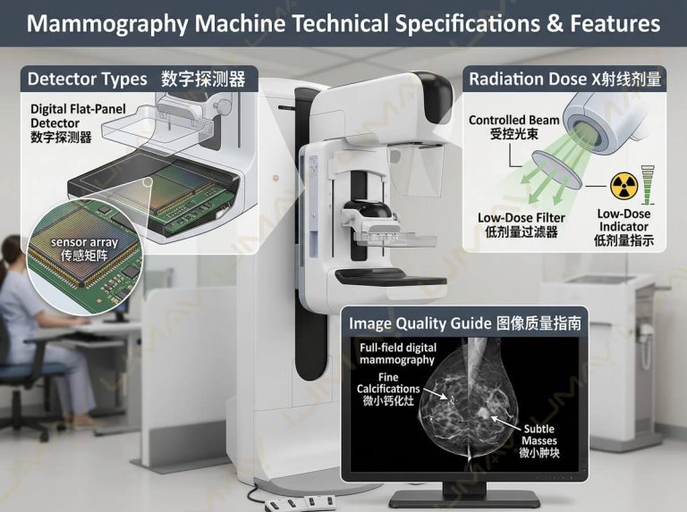 Technical specifications diagram of a digital mammography machine showing flat-panel detector and low-dose radiation filter.