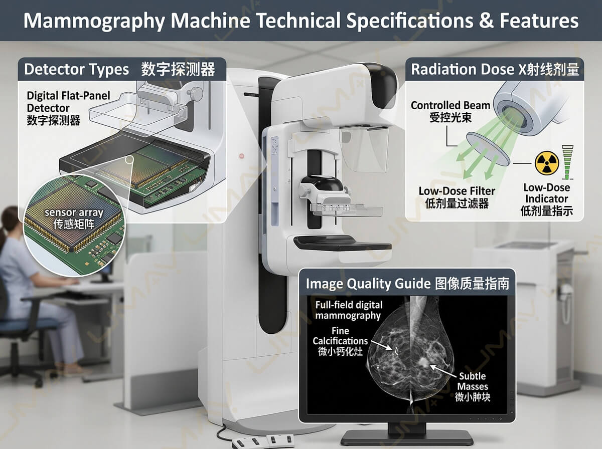 Technical specifications diagram of a digital mammography machine showing flat-panel detector and low-dose radiation filter.