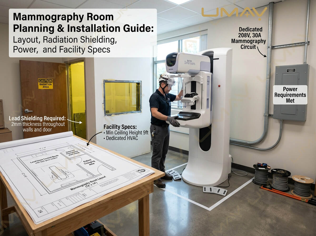 Installation technician setting up a digital mammography machine with radiation shielding layout blueprints on display.