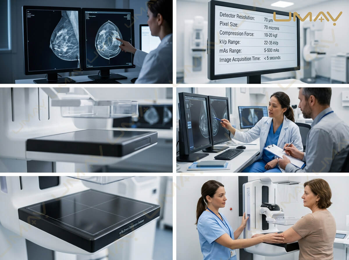 Digital mammography technology suite showing image diagnostics, technical parameters, detector plates, and patient examination.