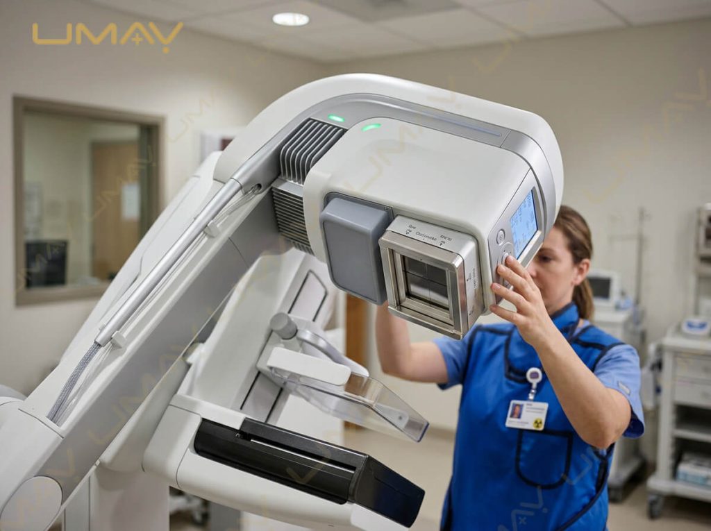Radiographer adjusting the X-ray tube head assembly on a digital mammography machine.