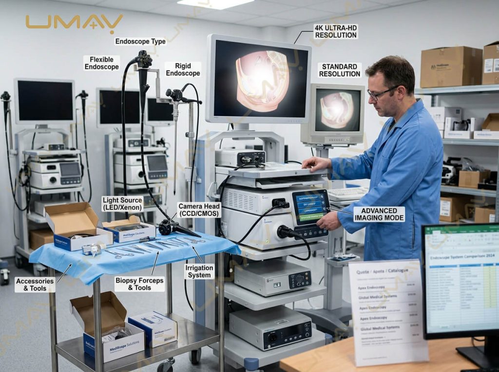 Complete medical endoscope system tower showing 4K monitor, camera head, light source, flexible and rigid endoscopes, and biopsy tools.