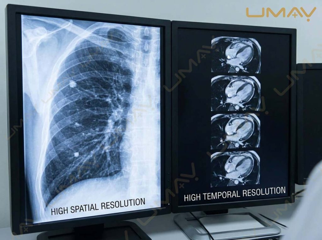 Dual medical monitors displaying high spatial resolution chest radiograph and high temporal resolution cardiac MRI scans.