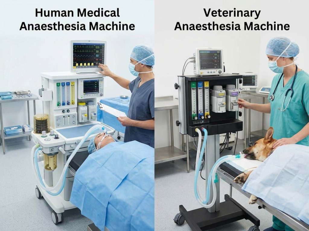 Side-by-side comparison of a human medical anesthesia machine versus a veterinary anesthesia machine with a patient and a dog.