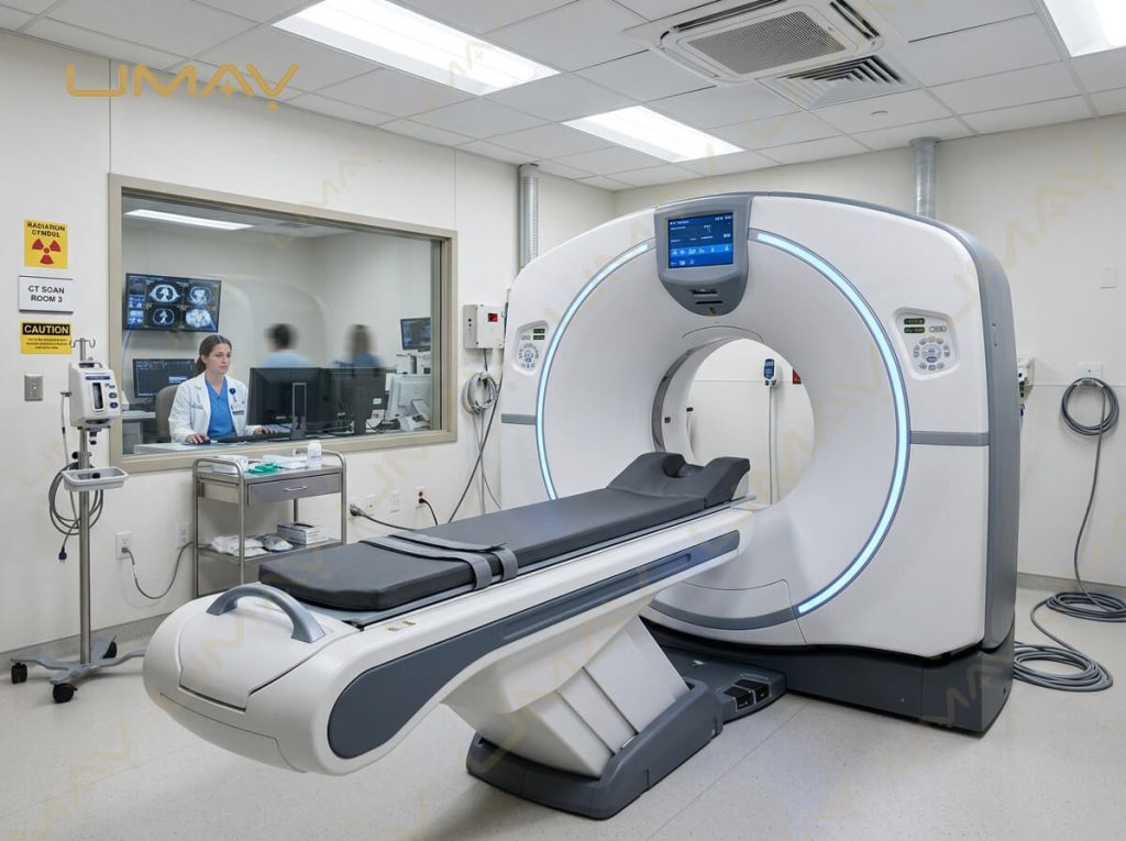 Modern hospital CT scanner system with motorized patient couch and radiology control room view.