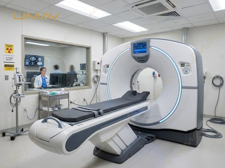 Modern hospital CT scanner system with motorized patient couch and radiology control room view.