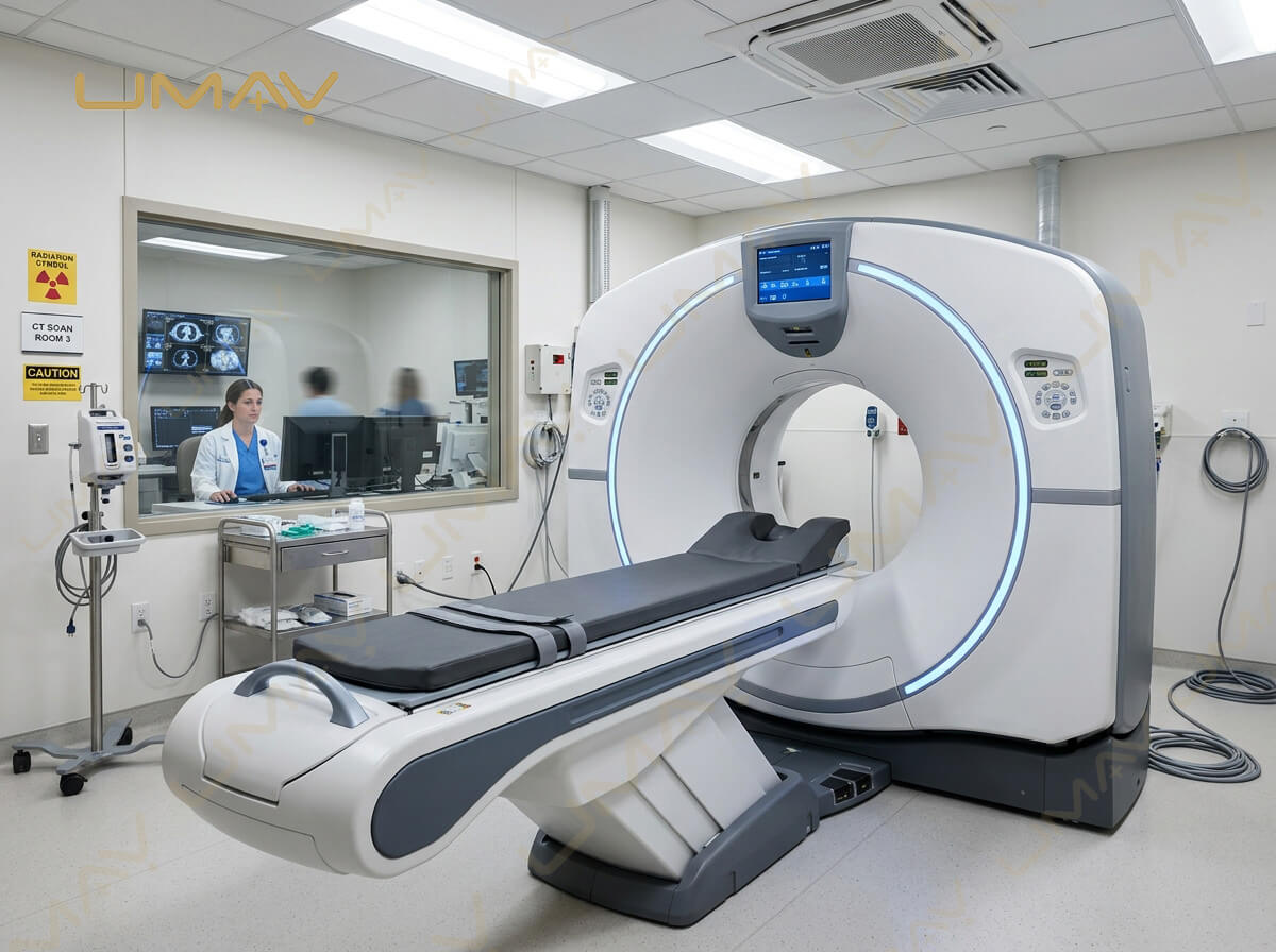 Modern hospital CT scanner system with motorized patient couch and radiology control room view.