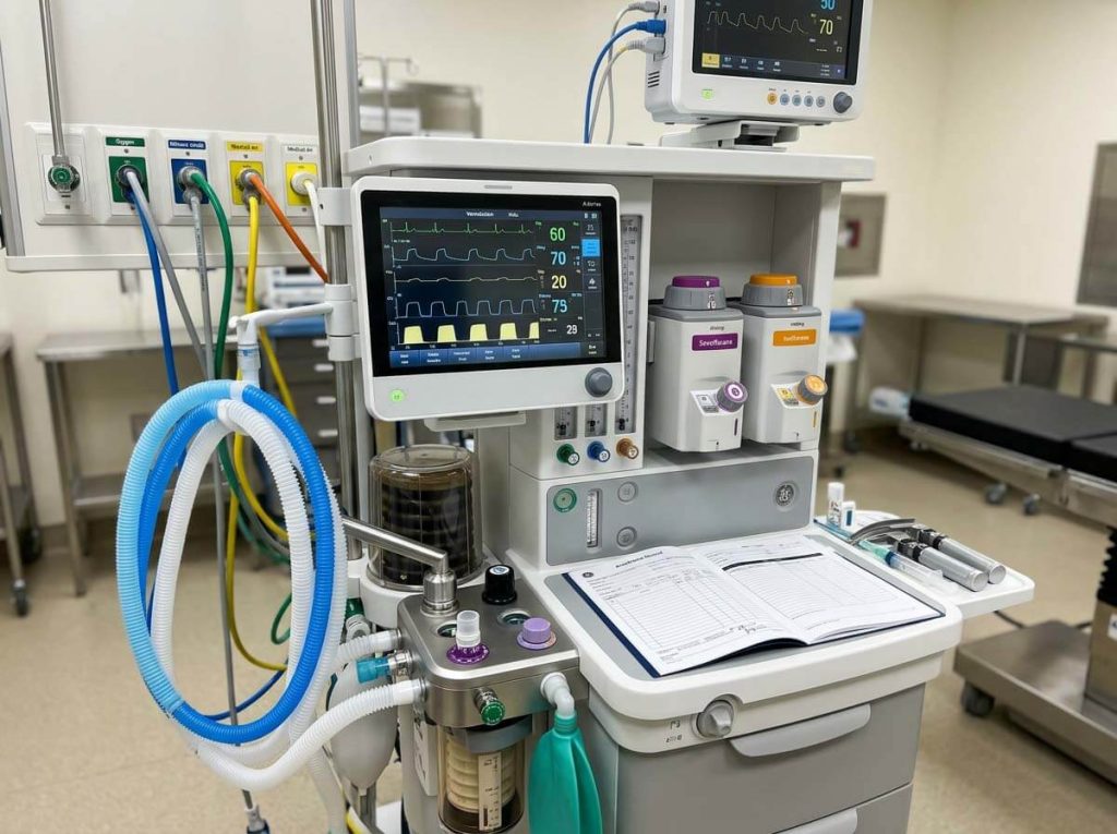 Next-generation anesthesia workstation connected to medical gas wall outlets with logbook on tray.
