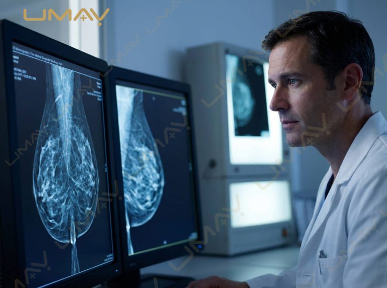Radiologist analyzing high-resolution digital mammograms on diagnostic dual monitors.