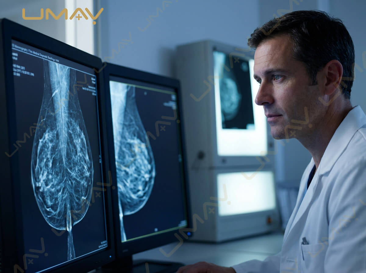 Radiologist analyzing high-resolution digital mammograms on diagnostic dual monitors.