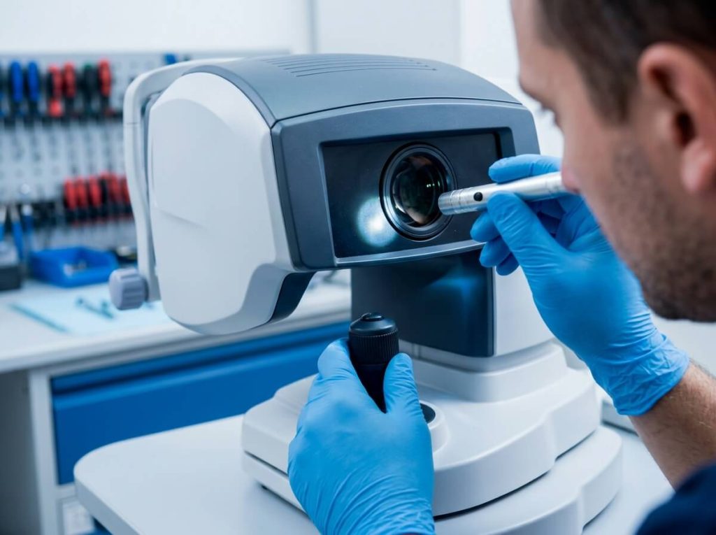 Biomedical engineer inspecting auto refractometer tonometer optical lens.
