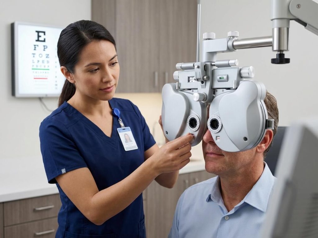 Optometrist using phoropter head to conduct vision test for male patient.