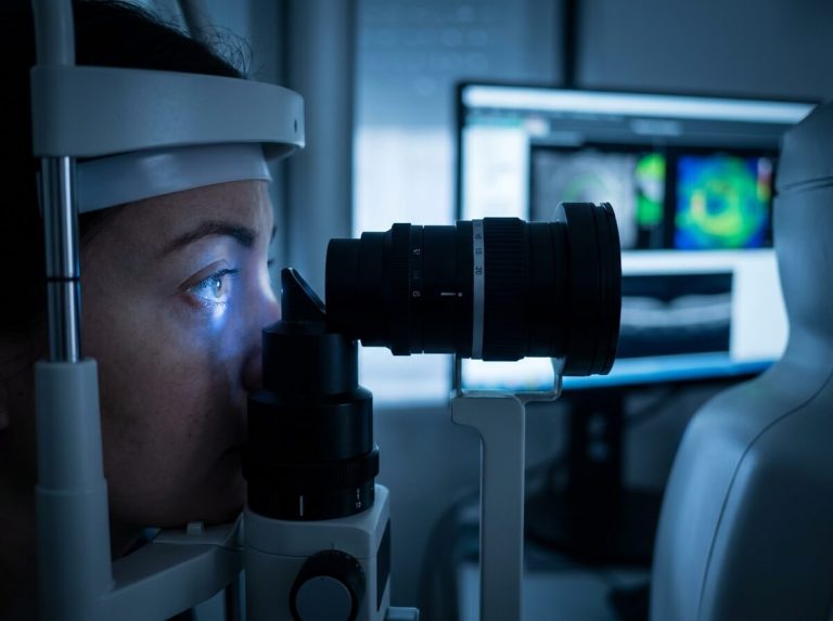 Patient undergoing diagnostic eye examination with slit lamp microscope.