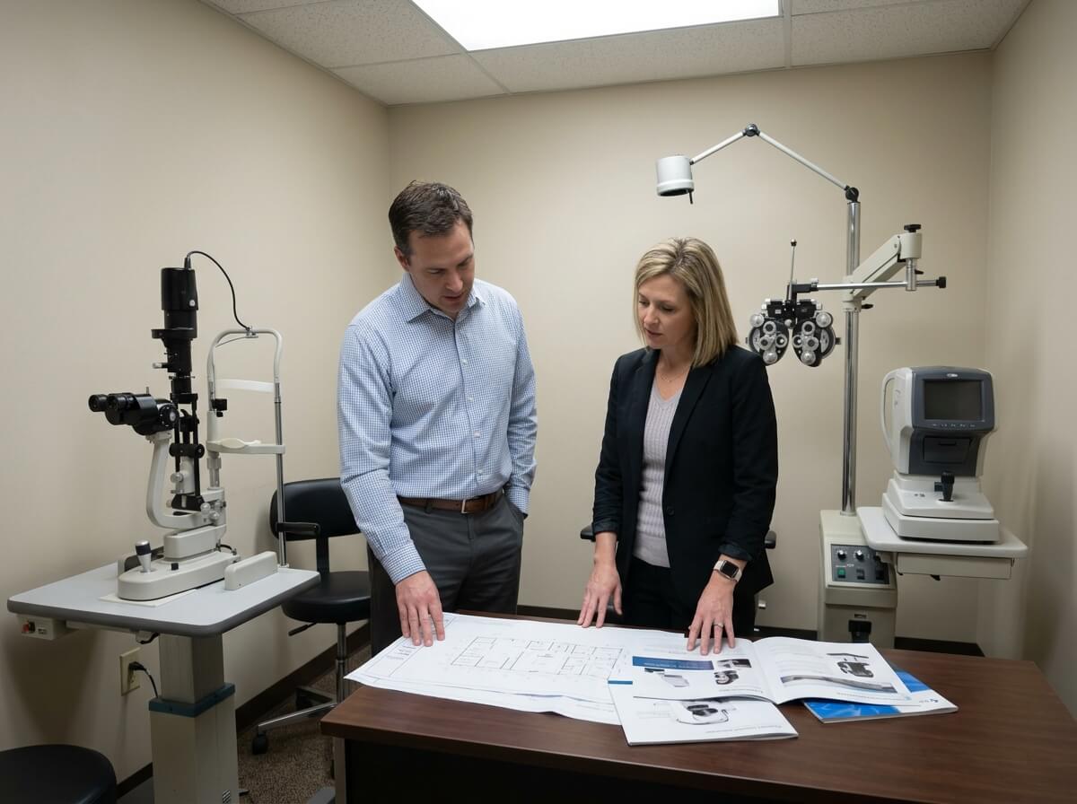 Medical equipment consultants reviewing clinic floor plan and product catalog.