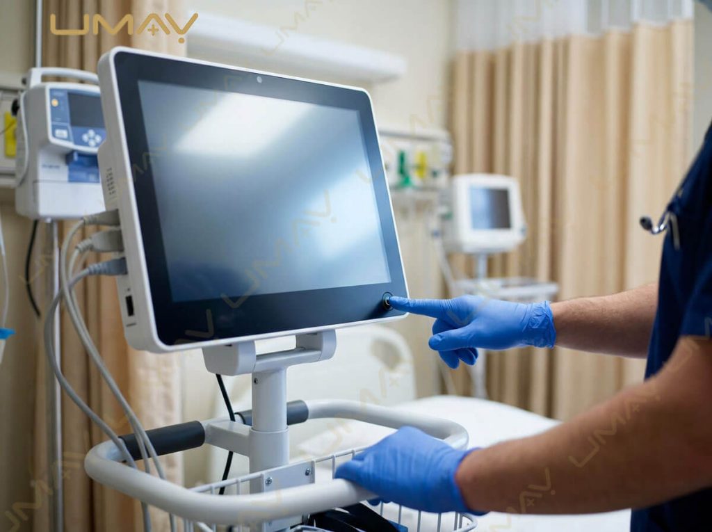 Medical technician in gloved hands pressing power button to turn on a mobile patient monitor cart in a clinic.