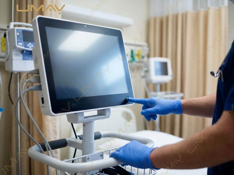 Medical technician in gloved hands pressing power button to turn on a mobile patient monitor cart in a clinic.