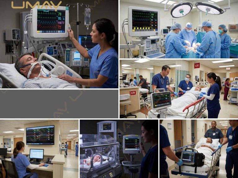 Six-panel collage showing medical patient monitor applications across operating rooms, emergency rooms, neonatal care, and patient transport.