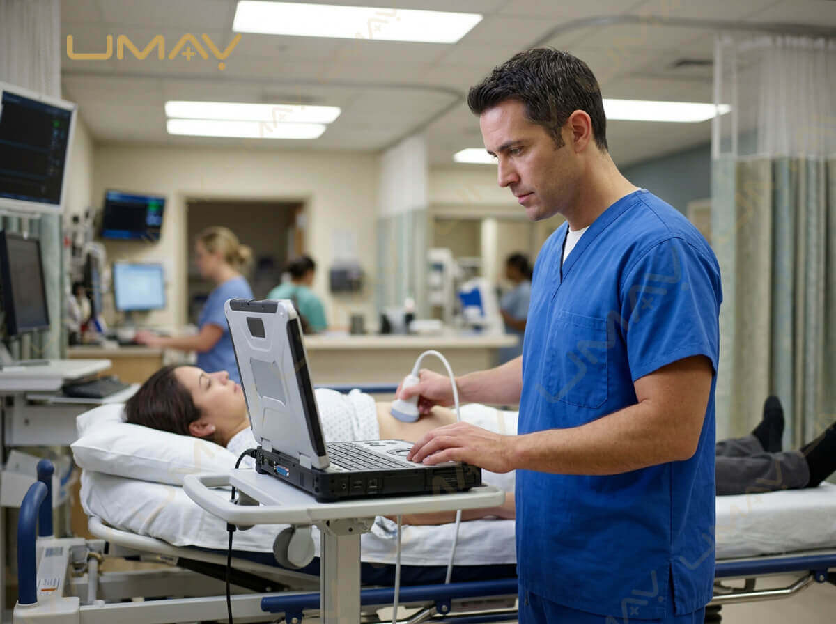 Medical professional performing abdominal ultrasound scan on patient using a portable laptop ultrasound machine.