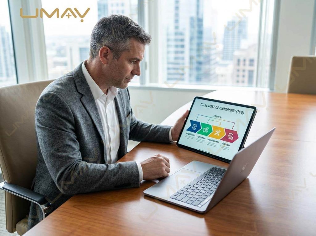 Executive reviewing medical equipment Total Cost of Ownership chart on a digital tablet.