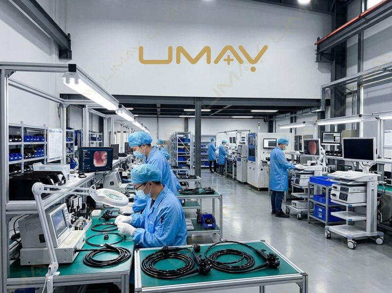 Technicians assembling and testing flexible endoscopes in a cleanroom medical manufacturing factory workshop.