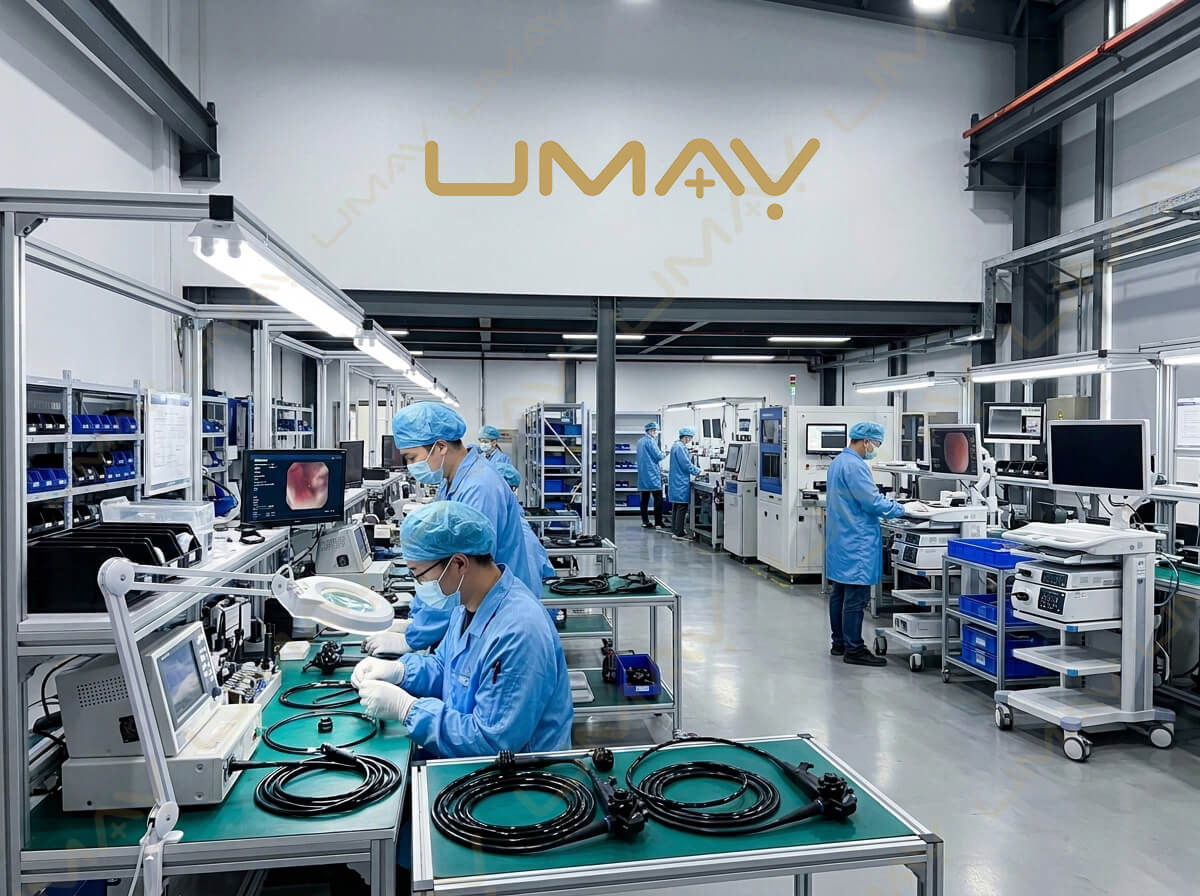 Technicians assembling and testing flexible endoscopes in a cleanroom medical manufacturing factory workshop.