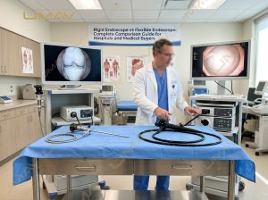 Rigid endoscope and flexible video endoscope setup side-by-side on medical table for hospital procurement comparison.