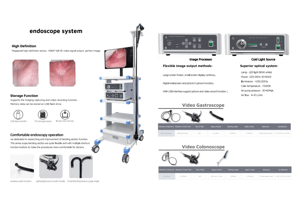 Medical endoscope system poster showing video processor, LED light source, and video gastroscope technical specifications.