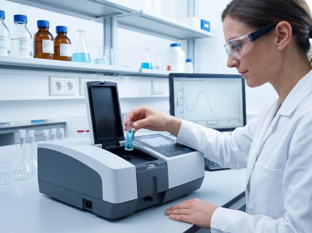Lab technician inserting quartz cuvette sample into a compact benchtop spectrophotometer.