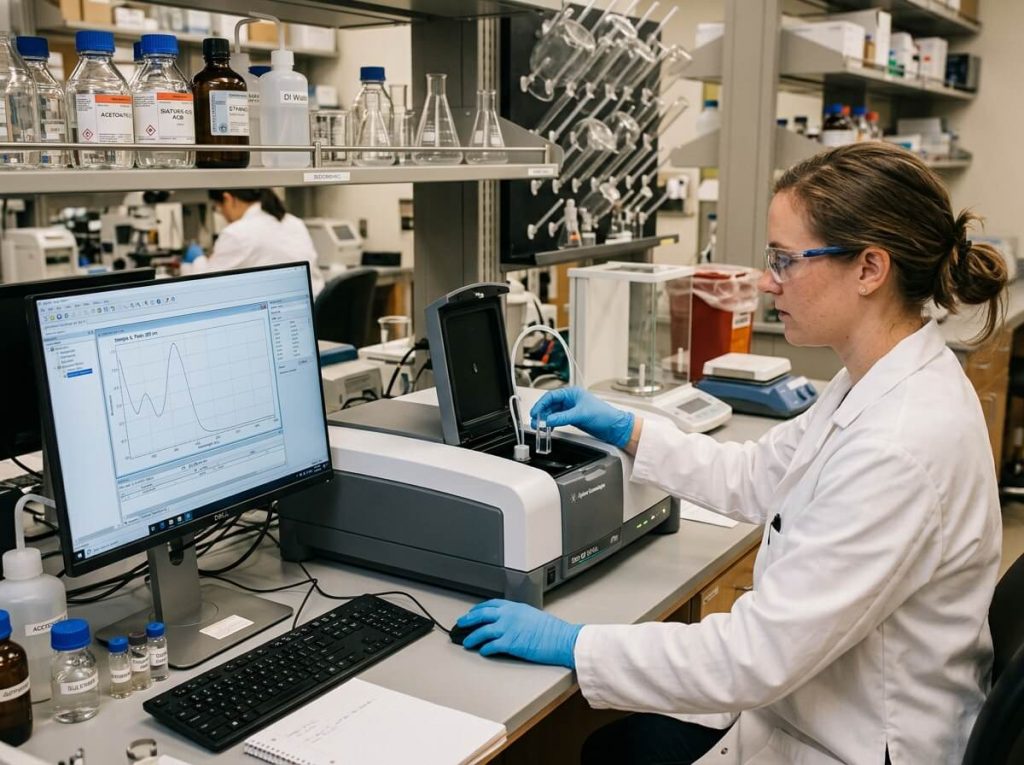 Female chemist running chemical analysis on a benchtop UV-Vis spectrophotometer in a research lab.