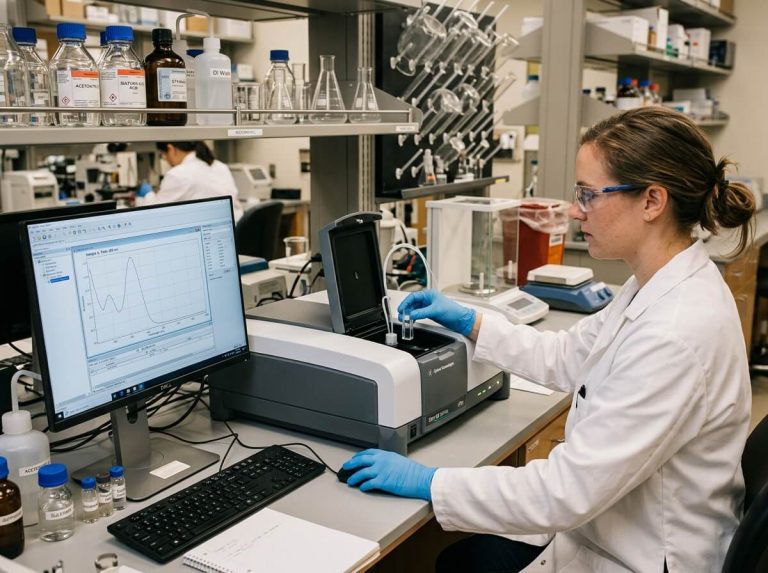 Female chemist running chemical analysis on a benchtop UV-Vis spectrophotometer in a research lab.