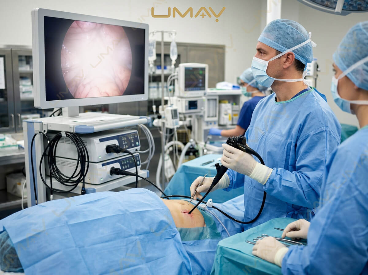 Surgeon controlling a flexible video endoscope connected to a medical imaging processor in the operating room.