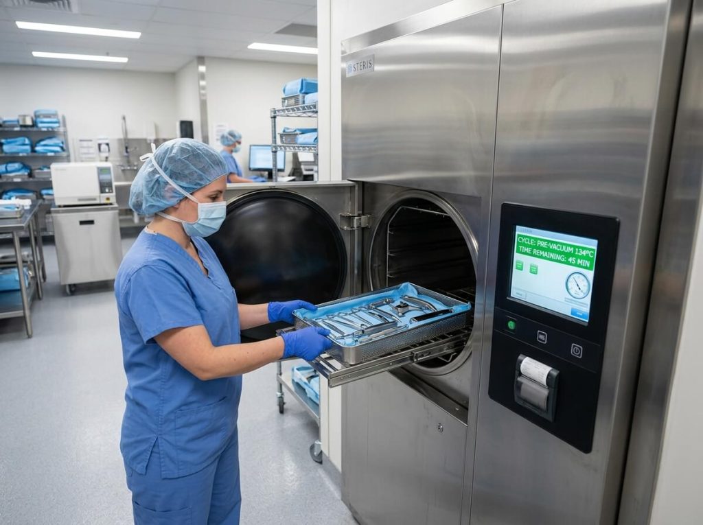 Female technician placing surgical tray into pre-vacuum steam autoclave sterilizer.