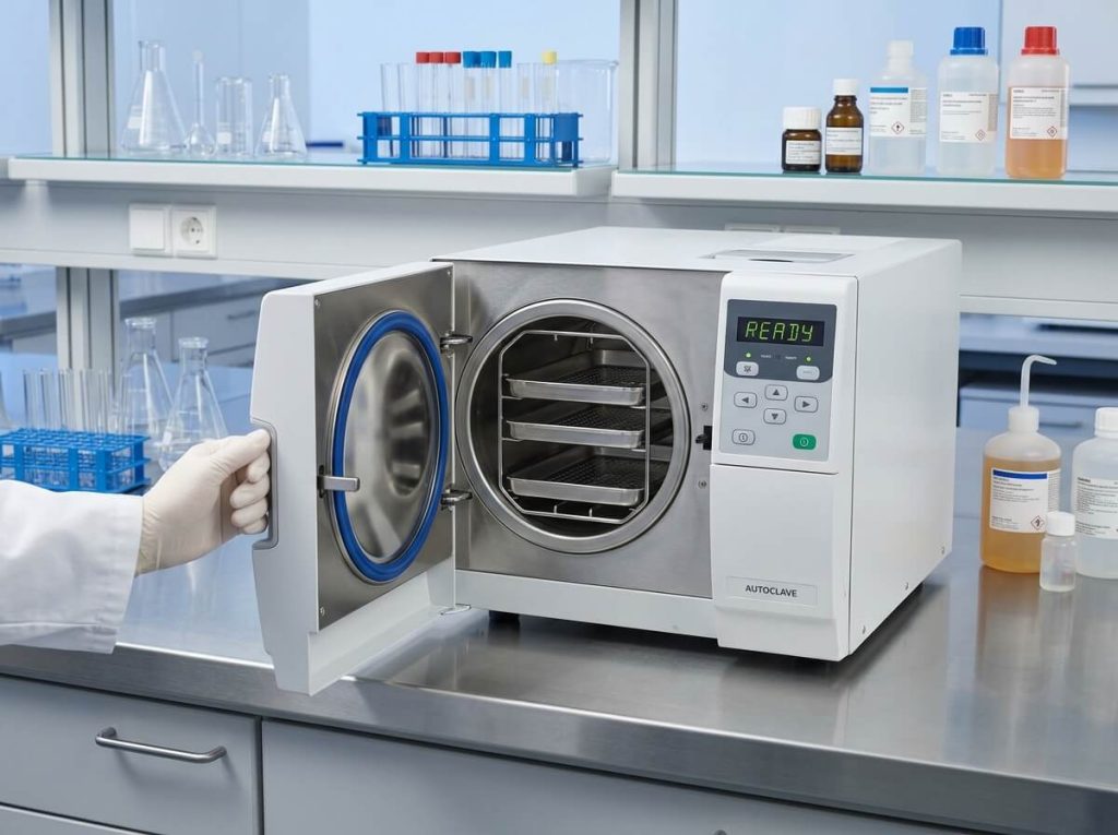 Open tabletop steam autoclave sterilizer on stainless steel laboratory counter.