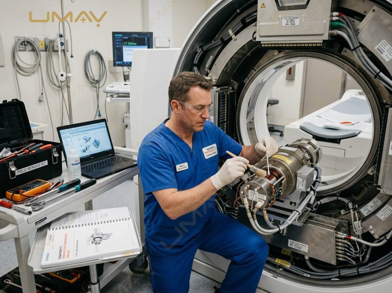 Field service engineer servicing an open-gantry CT scanner X-ray tube assembly with tools.