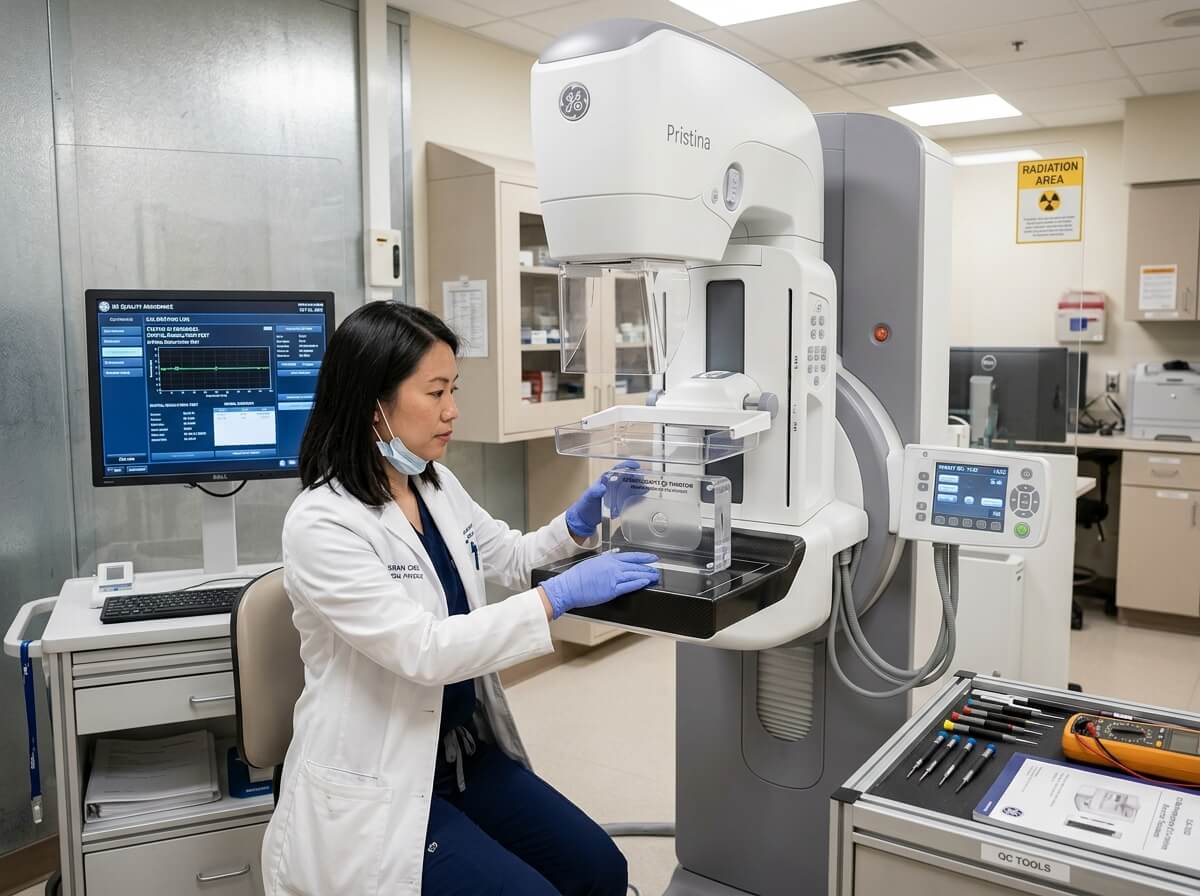 Biomedical engineer performing quality control phantom test on a digital mammography machine.