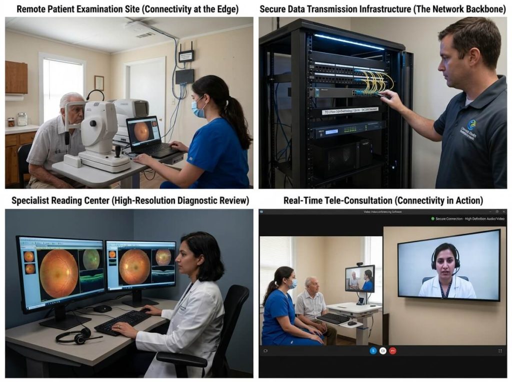 Four panel diagram illustrating tele-ophthalmology network and remote diagnostic setup.