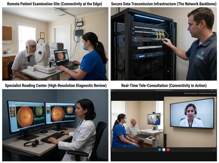 Four panel diagram illustrating tele-ophthalmology network and remote diagnostic setup.