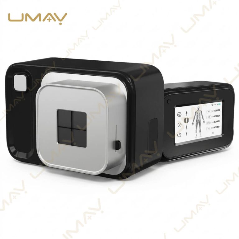 Portable handheld X-ray system displaying front beam cone and rear touchscreen interface.